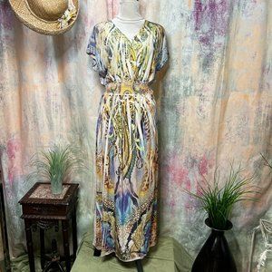 📌Fresh of Lot Smocked Waistline Maxi Dress with Abstract Design